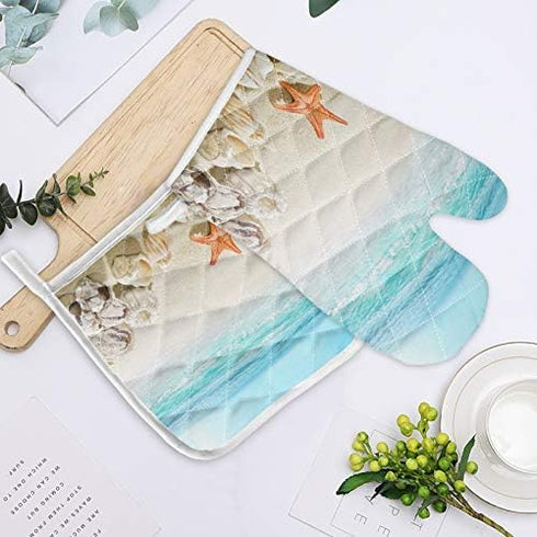 Sandy Beach Set of Oven Mitt and Pot Holde Starfish Seashell Theme Oven Gloves Heat Resistance Non-Slip Surface for Kitchen BBQ Cooking Baking Gri...