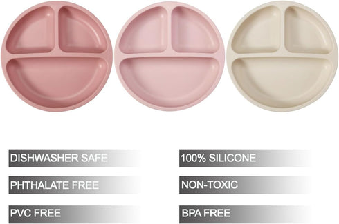 PandaEar 3 Pack Toddler Plates, Silicone Divided Suction Plate for Babies, BPA-Free 100% Food-Grade Silicone Unbreakable Baby Plate (Pink/Linen/Li...