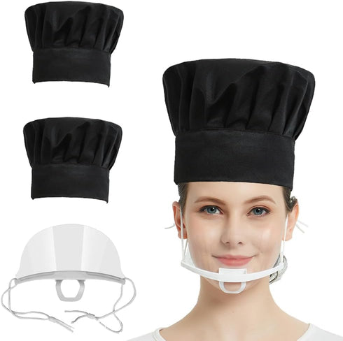 2PCS Adjustable Chef Hats with Removable PET Anti-Fog Sheet Mask - Pure Cotton, Reusable, and Washable for Kitchen or BBQ Black...