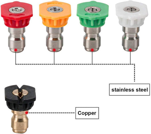Pressure Washer Spray Nozzle Tips Multiple Degrees, 4000PSI Premium Power Washer Nozzle Tips Set with 1/4'' Quick Connect Nozzles, 5 Nozzles(0?15?...