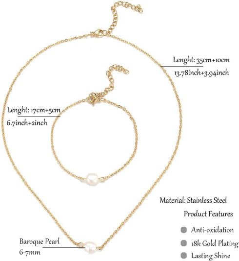 Stainless Steel Pearl Jewelry Set for Women Faux Pearl Choker Necklace Dainty Small Pearl Bracelet Set Gold Plated for Bridal Wedding...