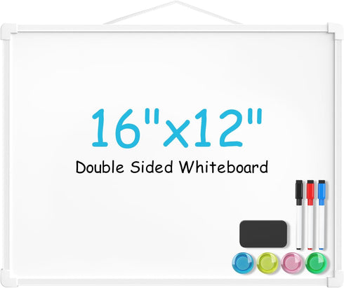 MaxGear Double-Sided Dry Erase Board for Wall, 16"x12" Hanging Whiteboard, Small Dry Erase White Board with 3 Markers&4 Magnets, Portable Whiteboa...