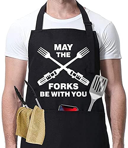 Funny Grill Aprons for Men - May The Forks Be With You - Funny Cooking Apron for Movie Fans - Men’s Kitchen Chef Cooking BBQ Aprons - Grilling Gif...
