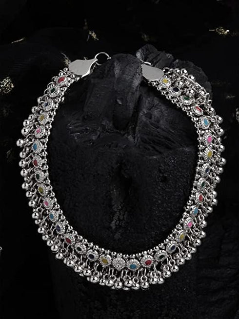 Indian Designer Silver Oxidized Ethnic Statement Traditional Ghungroo Beads Choker Necklace Jewelry Multi...