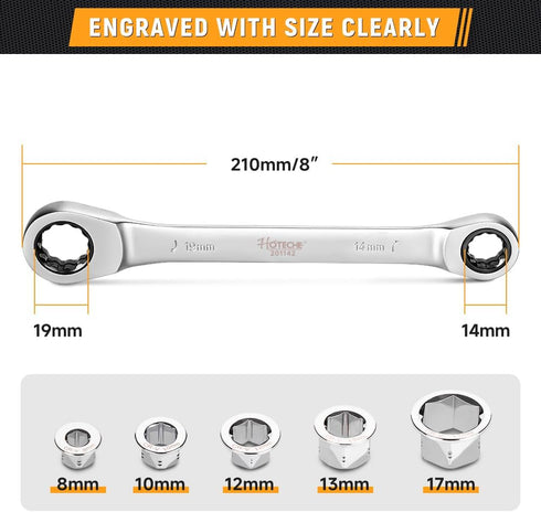 Hoteche 6-in-1 Double Box Ratchet Wrench Set Compact Universal Socket Set Metric 8-19mm, Cr-V Steel, 72-Teeth...