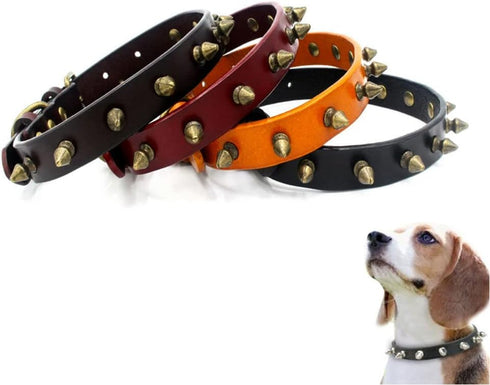 Spiked Puppy Dog Collar Soft First Layer Cowhide Leather Mushrooms Rivet Spike Studded Dogs Cat Collars Black L...