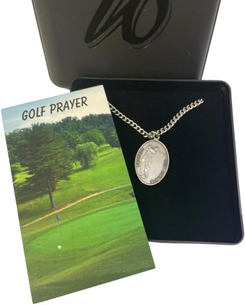 Westmon Works Golfers Pewter Medal Necklace with St Sebastian Stainless Steel Chain Boxed Set with Golf Prayer Card Saint Expressions Premium Jewe...