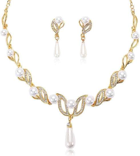 BSLVWG Pearl Necklace Set, Pearl CZ Necklace Dangle Earrings Jewelry Sets for Wedding Prom Bridal Necklace Earrings Set Women Formal Dress Accesso...