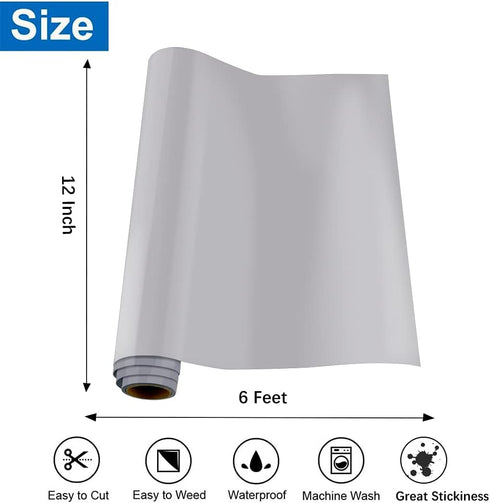 KISSWILL Gray Heat Transfer Vinyl Iron On T-Shirts, 12" x 6 FT HTV Vinyl Rolls Compatible with Silhouette Cameo3/4 Cutting Machine (Gray, 12“x6')...