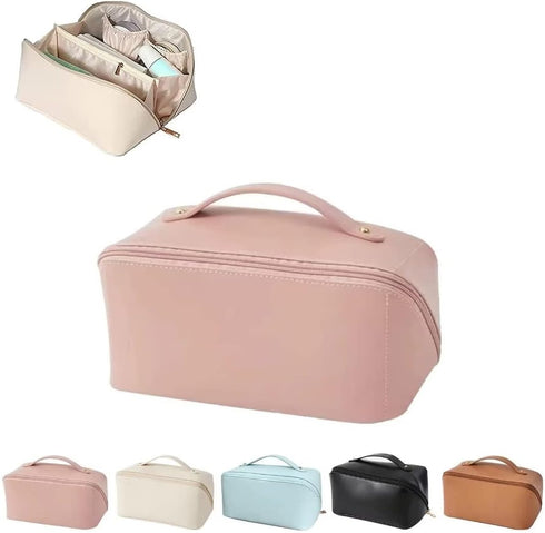 Large-Capacity Travel Leather Makeup Bag Cosmetic Bag Waterproof Portable Makeup Case Organizer Toiletry Bag Makeup Box for Skincare Cosmetics Toi...
