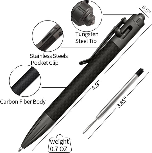 Cool Hand 4.9'' Carbon Fiber Bolt Action Pen, Ballpoint Ink Refillable, Office Business Writing Pens, Compact Size, Deep Pocket Clip, with a Refil...