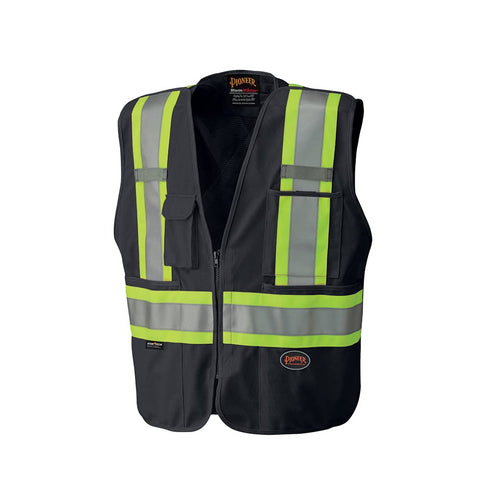 Pioneer Hi Vis Tear-Away Mesh Back Safety Vest for Me - Reflective Tape, 4 Pockets - Construction, Traffic, Security - Black...
