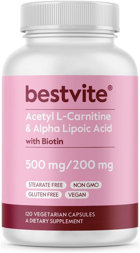 BESTVITE Acetyl L-Carnitine 500mg & Alpha Lipoic Acid 200mg per Capsule with Biotin (120 Vegetarian Capsules) - No Stearates - Vegan - Non GMO - G...