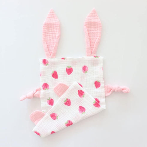 Bunny Security Blanket for Boys and Girls,Cotton Soft Breathable Muslin Soothing Towel Appeasing Toy for Infant,Newborn Gift,2 Pcs Set (Strawberry...