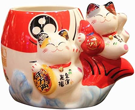 EatingBiting Fortune Japanese Lucky Beckoning Cats Maneki Neko Flower Pot Vase Pen Holder,Pair Cat set on fish,Ceramic Pencil Holder for Organizer...