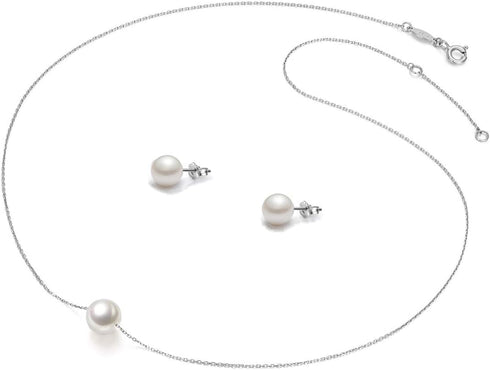 Bridesmaids Gifts Single Pearl Necklace Silver Stud Earrings Gift Floating Pendant 8-9mm Simple Chain Jewelry Set for Women Maid of Honor Gifts fo...