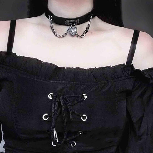 Olbye Lock Heart Choker Necklace Short Black Leather Necklace Punk PU Collar Necklaces Cosplay Necklace Link Chain Gothic Necklace Jewelry for Wom...