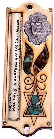 Holy Land Market Star of David Mezuzah with Israel Gemstones - 3 layers Wooden Mezuzah (10 cm or 4 inches)...