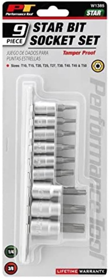 Performance Tool W1385 9-Piece Tamper Proof Star Bit Socket Set...
