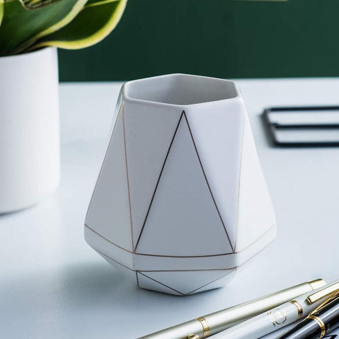 Ceramic Desk Cute Pen Holder Stand Gold Line Pencil Cup Pot Desk Organizer Makeup Brush Holder (White)...