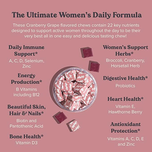 Women's Multivitamin Chews, Immune & Energy Support, Vitamins C, B12, A, D, E, Folic Acid, Probiotics, Biotin, Cranberry, Adult Chewable Vitamin, ...