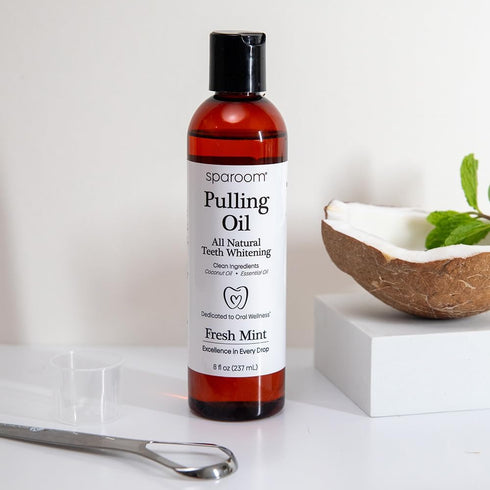 SpaRoom Ayurveda Pulling Oil Mouthwash and Tongue Scraper; Made with Coconut Oil and 7 Essential Oils for Fresh Breath, Teeth Whitening and Gum He...