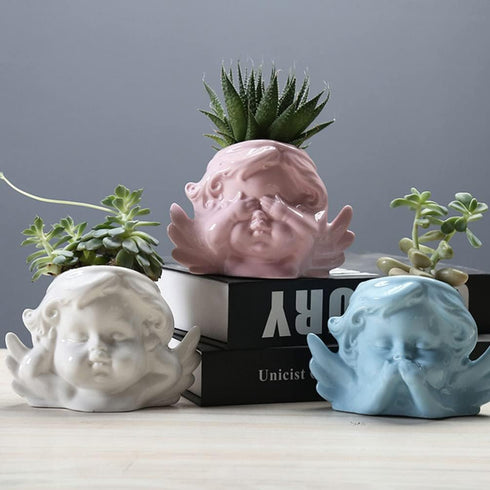 Vaguelly Cute Succulent Planter Angel Statue Head Face Planter Pot Ceramic Flower Pot Cactus Container with Drainage Hole Pens Holder for Indoor O...