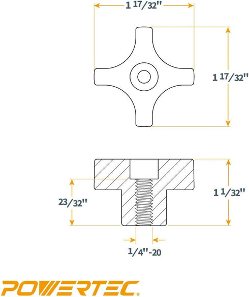 POWERTEC 1/4"-20 4 Point Knobs 5 Pack, Clamping Knobs with Steel Insert for T Track Bolts, Thumb Screw Threaded Knobs for T Track Accessories, Fea...