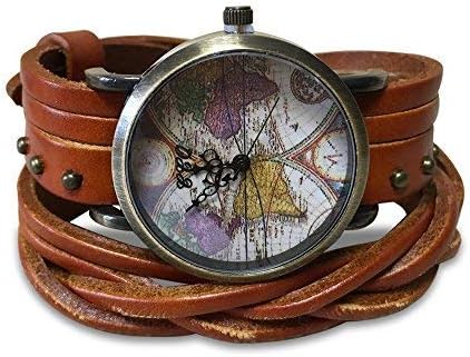 Women Watches Soft Leather Wrap Arond Watch Traval Word Map Watch Men Watch Brown/Black (15.95" Length)...