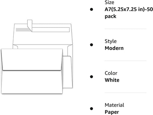 5x7 envelopes for invitaions 50 Pack A7 White Envelopes Quick Self Seal,for 5x7 Cards Perfect for Weddings, Invitations, Photos, Graduation, Baby ...