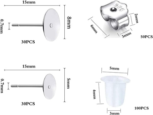 160 PCS 925 Sterling Silver Plated Earrings Posts Flat Pad Hypoallergenic Flat Pad Earring Studs with 925 Sterling Silver Earring Backs and Rubber...