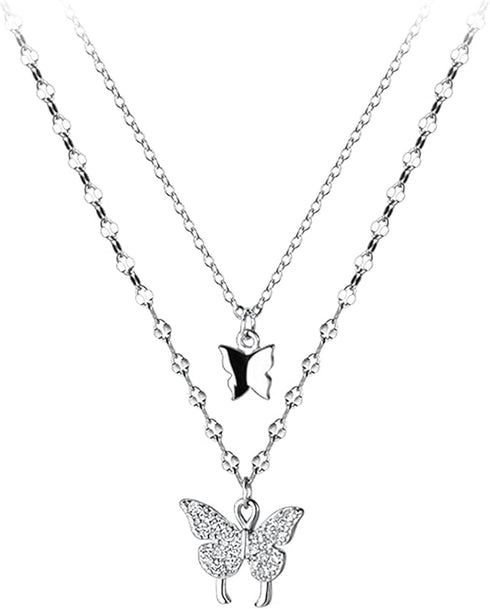 Tatibana Sterling Silver Butterfly Necklace, Vintage Layered Crystal Necklace for Women & Teen Girls, 925 Silver Choker with Double Butterfly Pend...