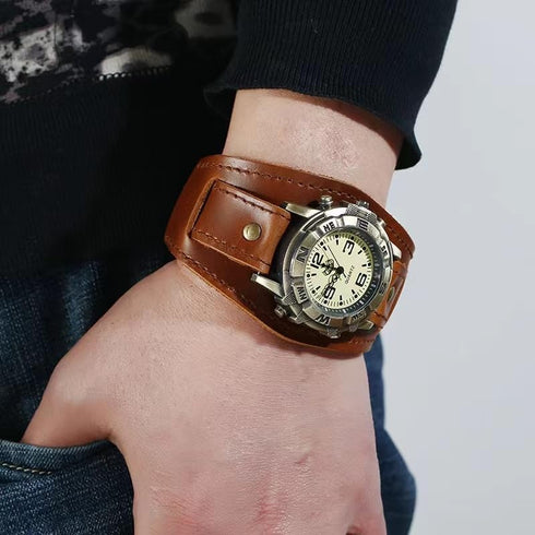 Handmade Men Watches Vintage Punk Hip-hop Gothic Soft Wide Leather Fashion Cuff Women Wristwatch Round Bronze Dial Quartz...