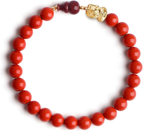 L&C Feng Shui Wealth Bracelets for Woman - 8MM Red Cinnabar Gourd Dragon Pi Xiu Sterling Silver Stretch Adjustable Beaded Bracelets for Woman Prot...