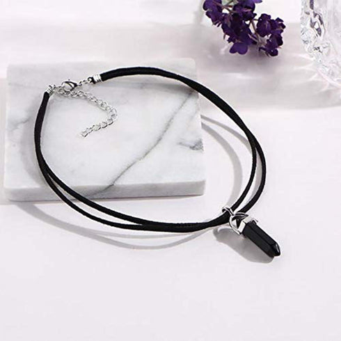 Layered Choker Necklace Crystal Choker Chakra Suede Choker Hexagonal Gemstone Pendant Necklace Bohemia Jewelry for Women(Black)...