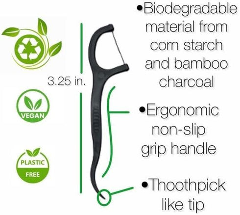 Sofi's Cute Corner Bamboo Toothbrushes, Soft Charcoal Bristles 4 Pcs. Eco Friendly Dental Floss Pick, Charcoal Thread Flosser 50 Ct, Sustainable -...