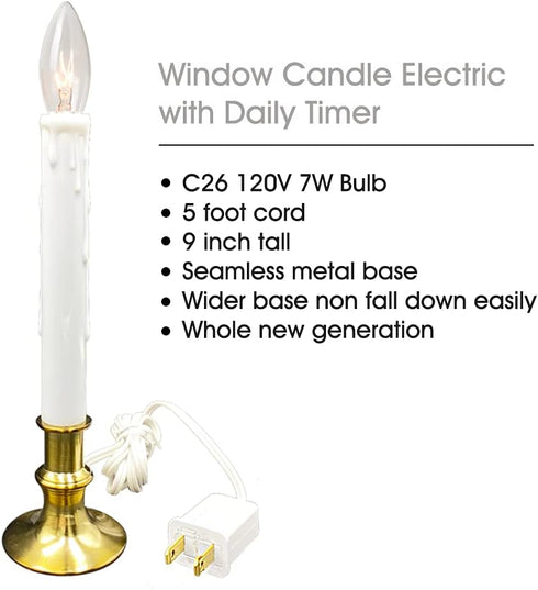 Window Candle Electric with Daily Timer, Heavy Metal Base Christmas Window Candle, UL Listed 1 Set Packing 1 Extra Replacement Bulb (Brush Brass)...