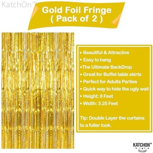 KatchOn, XtraLarge Gold Fringe Curtain Backdrop - 8x3.2 Feet, Pack of 2 Gold Streamers Party Decorations | Gold Foil Curtain for Gold Party Decora...