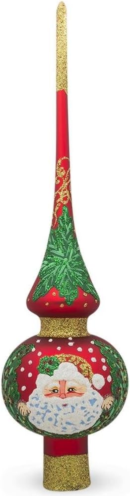 Santa and Mistletoe on Red Mouth Blown Glass Christmas Tree Topper 11 Inches...