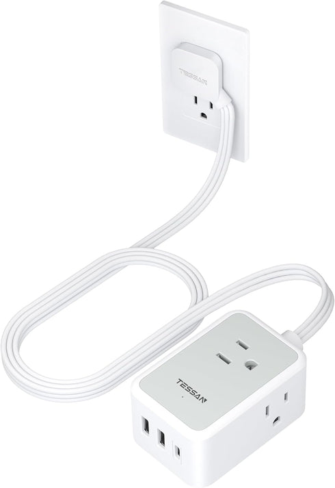 Small Flat Plug Power Strip, TESSAN Ultra Thin Extension Cord with 3 USB Wall Charger (1 USB C), 3 Outlets Mini Charging Station, 5 ft Slim Plug f...