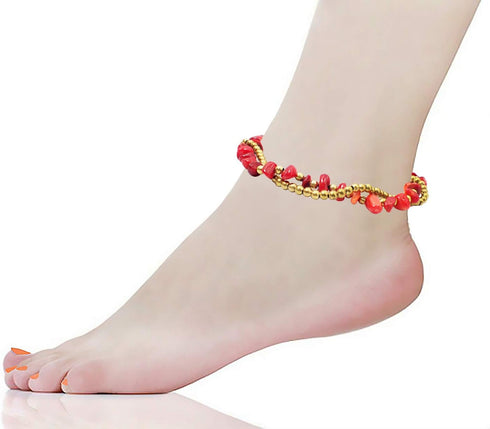 Handmade Red Carnelian Stone Elephant Charm Brass Beads Anklets Bracelet 10 Inches...