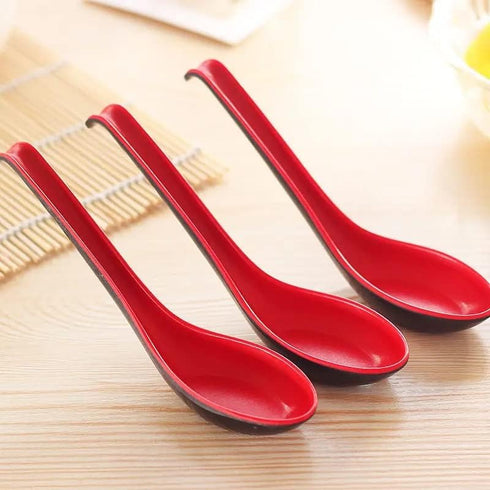 2 Pack - Red and Black 6.5-inch Asian Soup Spoon with Hook– Fuji Chinese Japanese Korean Style Spoon, Perfect for Melamine Won Ton Rice Pho Soba &...