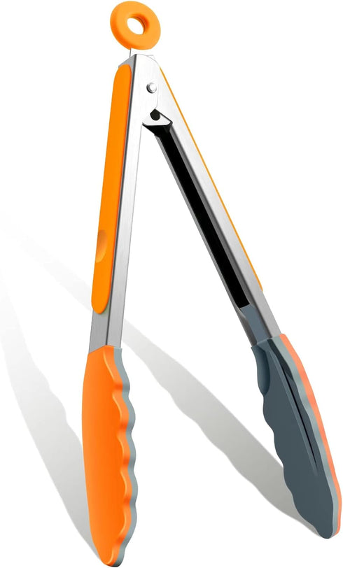 9 Inch Orange Kitchen Tongs, Cooking Tongs with Silicone Tips and Stainless Steel Handle, Non Stick Heat Resistant Tongs for Cooking, Buffet, Sala...