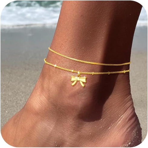 Gold Ankle Bracelets for Women, Dainty 14k Gold Anklets for Women Waterproof Gold Layered Box Chain Bow Charm Anklet Adjustable Herringbone Anklet...