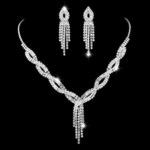 Unicra Silver Bride Necklace Earrings Set Bridal Wedding Jewelry Sets Rhinestone Prom Costume Choker Necklaces for Women and Girls (Silver-2 Pack ...