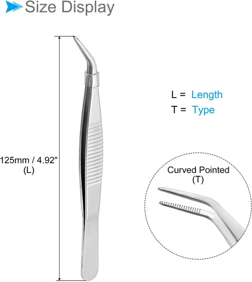 Tweezers, 125mm Length, Stainless Steel Curved Pointed Serrated Tip Tweezer - (Applications: for Mechanical Equipment Product Repair), 2-Pieces...