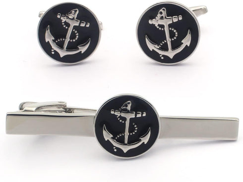 Black Anchor Cufflinks and Tie Clip Set, Nautical Cufflinks and Tie Clip...