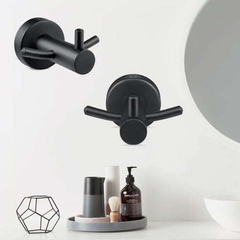 Pack of 2 Matte Black Wall Mounted Towel Hooks for Bathroom Shower Kitchen Cabinet Closet Door, SUS304 Stainless Steel Double Bath Robe Hook...