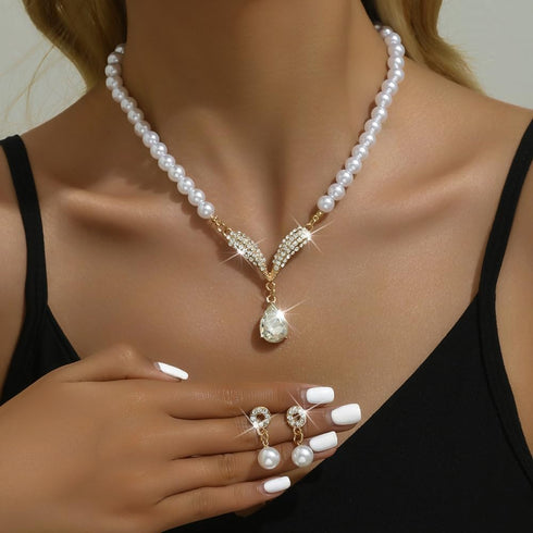 Pearl Bride Wedding Jewelry Set Pearl Bridal Necklace Bracelet Earrings Sets Rhinestone Choker Necklace Prom Costume Jewelry Set for Brides Brides...