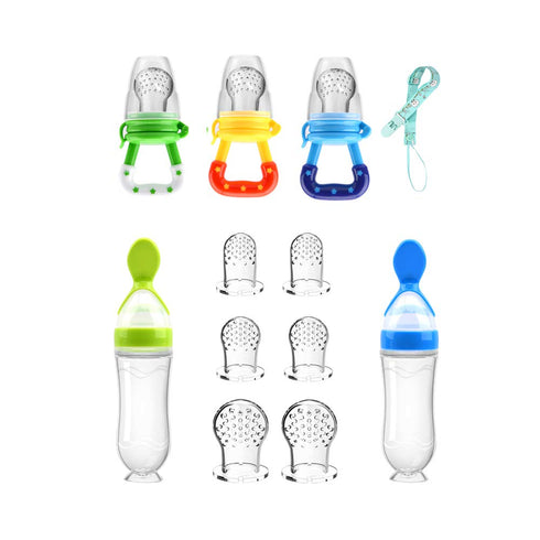 Food Feeder Baby Fruit Pacifier (3 Pcs) with 6 Different Sized Silicone Pacifiers 2 PCS Dispensing Spoon 90ML Spoons Clip Infant Teething Toy -Blu...